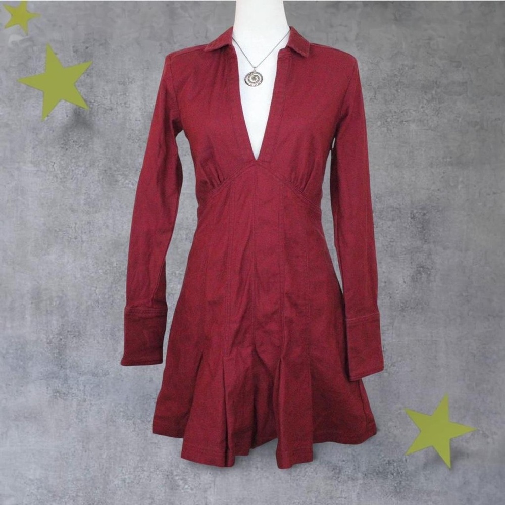 Pilcro Anthropologie Deep V-Neck Seamed Pleated Mini Red Denim Mini Dress 6